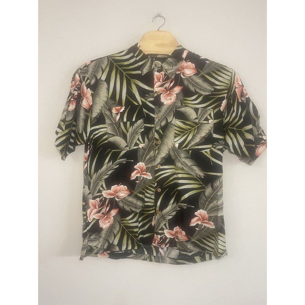 Tommy Bahama Hawaiian Shirt Mens Large‎ Floral Button Up Green Vacation Rayon